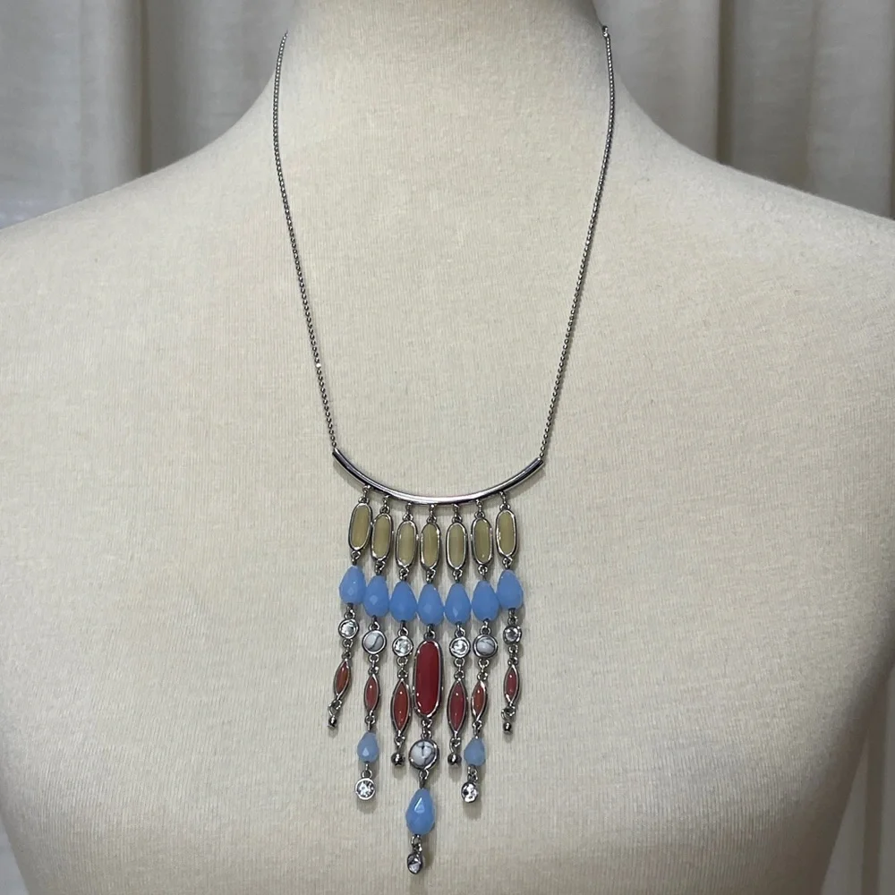 Ann Taylor Factory Silver-tone Beaded Fringe Necklace Boho Southwestern - Picture 2 of 6
